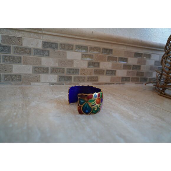 David Kuo Vintage Signed Multicolor Floral Enamel Cuff Bracelet - Picture 9 of 9